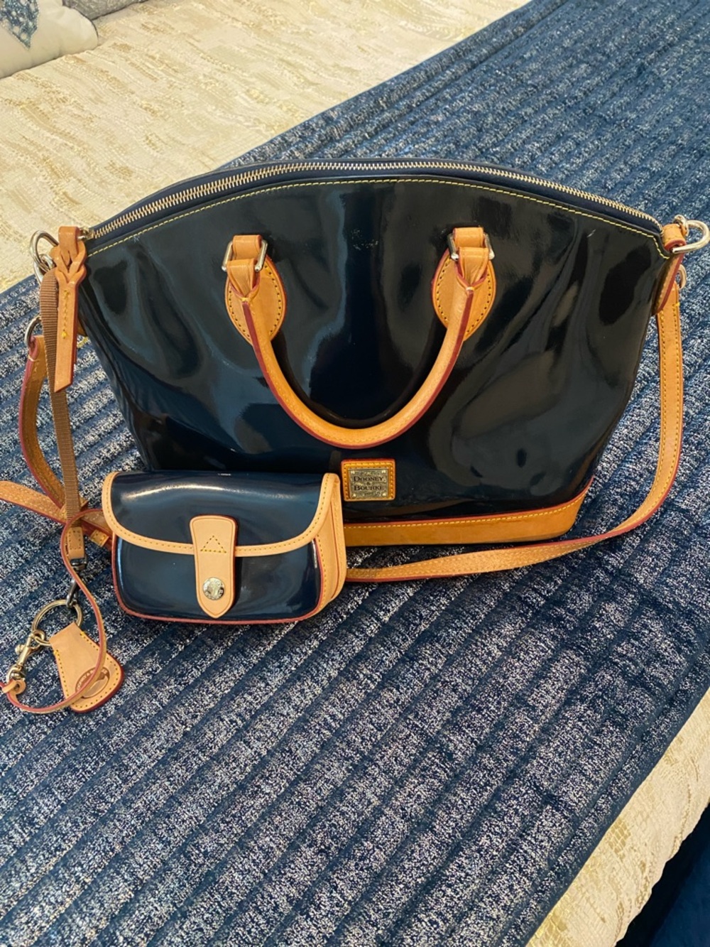 Dooney & Bourke Navy Patent Satchel with Tan Trim and Crossbody Pouch